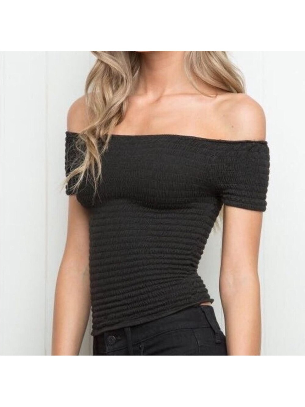 Brandy Melville Black Off-Shoulder Ribbed Crop Top